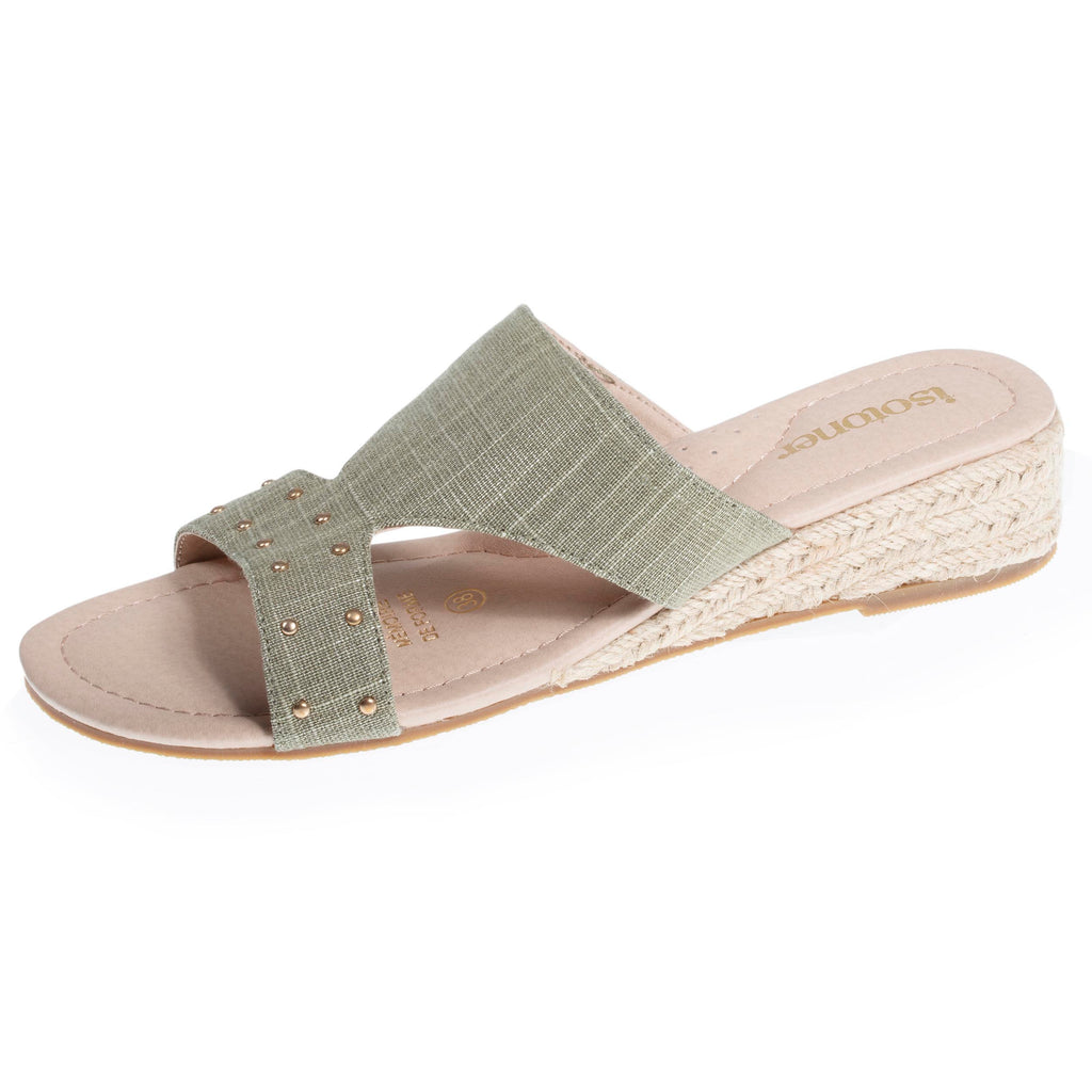 Mules sandales Femme cloutée talon corde Kaki