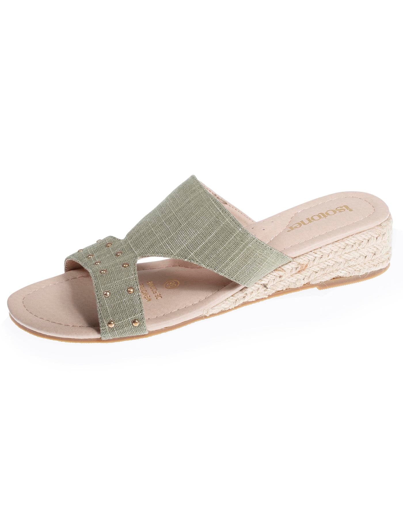 Mules sandales Femme cloutée talon corde Kaki